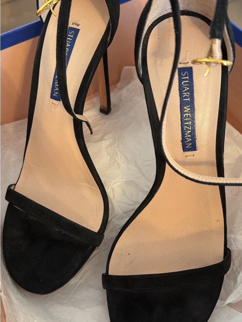 Stuart Weitzman Black Suede Open-Toe Ankle-Strap Heels